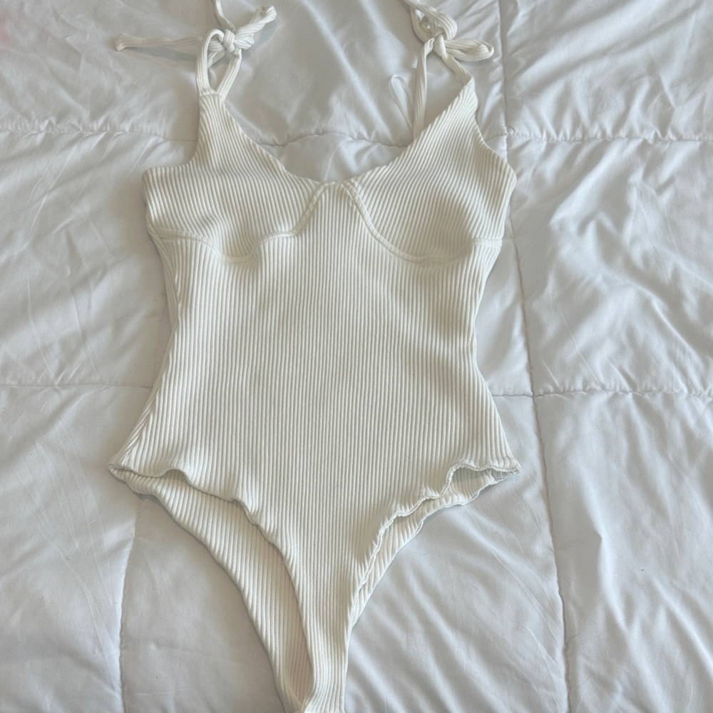 Princess Polly Ivory Ribbed Tie-Strap Bodysuit